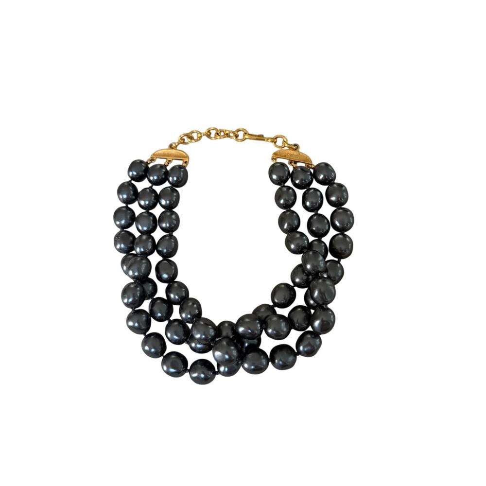 Vintage Monet 3 Strand Gunmetal Faux Pearl Choker Necklace Gold Tone Hook - Picture 4 of 8